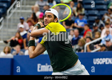 New York, USA. 02nd Sep, 2019. Matteo Berrettini of Italy plays against Andrey Rublev of Russia during the fourth round Men's Singles on day eight day of the 2019 US Open at the USTA Billie Jean King National Tennis Center on September 01, 2019 in Queens borough of New York City. Credit: Independent Photo Agency/Alamy Live News Stock Photo