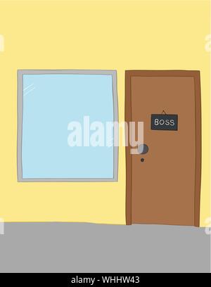 Vector illustration boss room, window, door and boss hanging sign. Hand drawn. Colored outlines. Stock Vector
