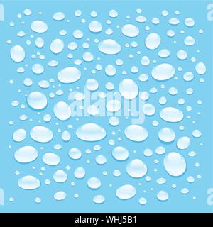 Graphic different shapes vector transparent drops of water on a blue background. Water drop patterns for design. Stock Vector