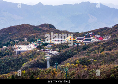 View from above on entire Tianmenshan Temple in the forest on the top of Tianmen Mountain in Zhangjiajie, Hunan, China Stock Photo