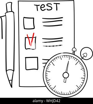 Checklist, pencil and stopwatch. Logo of an exam. Vector outline illustration Stock Vector