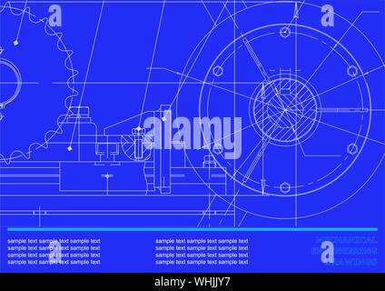 Vector drawing. Mechanical drawings on a dark blue background. Engineering illustration Stock Vector