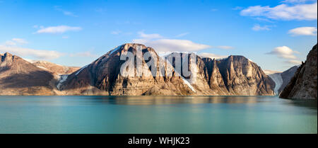 Panoramic view of the cliffs and mountains in Buchan Gulf, Baffin Island, Canada. Stock Photo