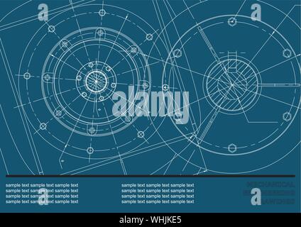 Vector Mechanical engineering drawings on a dark blue background. Cover, Background for inscription labels Stock Vector