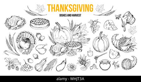 Thanksgiving coloring book illustrations set. Traditional autumn holiday celebration hand drawn symbols. Fall season harvest, natural vegetables. Turkey, pumpkin, honey and pie monochrome drawings Stock Vector