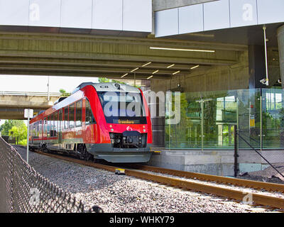 Bombardier Talent O-train two-part articulated railcar at Greenboro station on the Trillium line, Ottawa, Ontario, Canada. Stock Photo