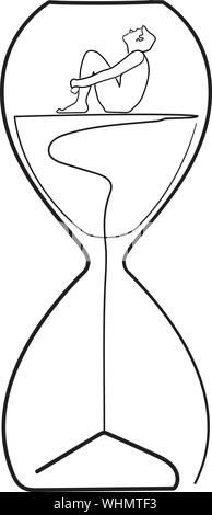 Vector drawing of an hour glass. Waiting man into hourglass. Outline illustration. Stock Vector