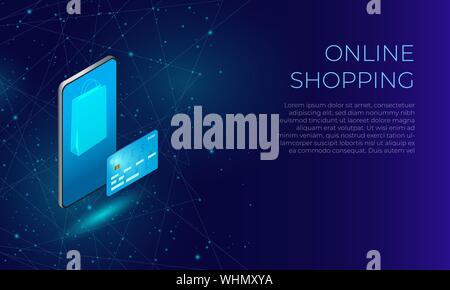 Blue polygonal online shopping user interface. Concept of mobile online payments. Stock Vector