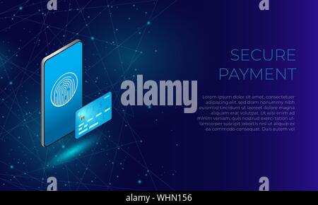 Blue isometric phone with fingerprint and bank card as a concept of secure online payments and transactions in e-commerce and banking. Stock Vector