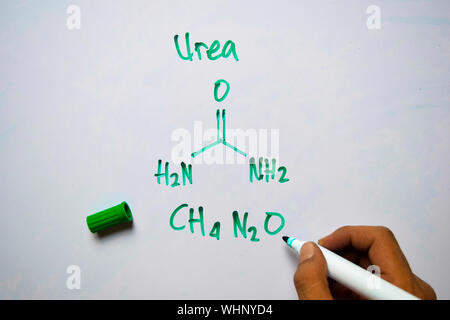 Urea (CH4,N2O) molecule written on the white board. Structural chemical formula. Education concept Stock Photo