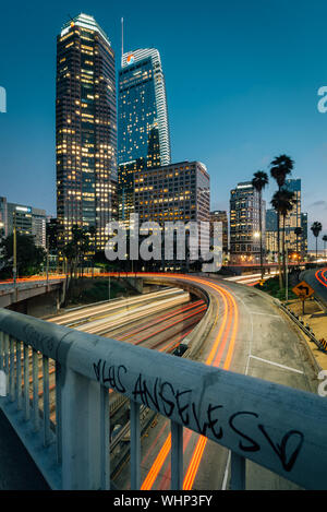 Cityscape skyline view of the 110 Freeway at night in downtown Los Angeles, California Stock Photo