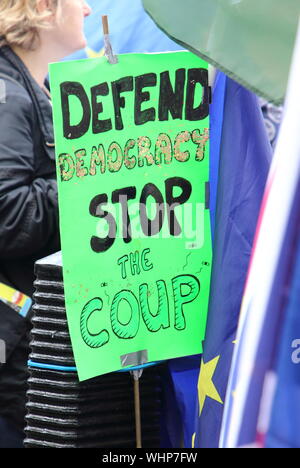 London, UK. 02nd Sep, 2019. A placard that says defend democracy stop the coup seen during the Stop Brexit, Stop the Coup, Pro Democracy demonstration outside the Cabinet Office. Credit: SOPA Images Limited/Alamy Live News Stock Photo