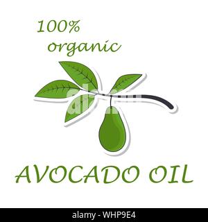 Avocado tree branch flat icon. Sticker isolated on white background. Vector illustration. Stock Vector