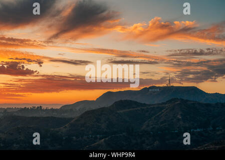 Sunset view of the Hollywood Sign from the Griffith Observatory, in Los Angeles, California Stock Photo