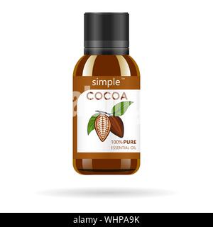 Realistic brown glass bottle with cocoa extract. Beauty and cosmetics oil - cacao. Product label and logo template. Isolated vector illustration. Stock Vector