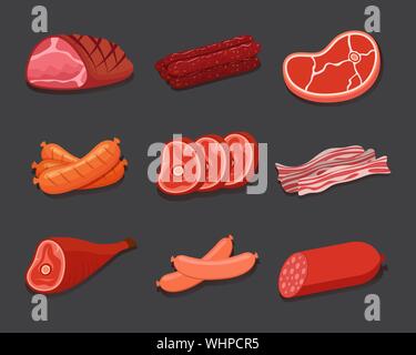 Meat icon set. Various meat products, sausages, bacon and steak. Vector Illustration. Stock Vector