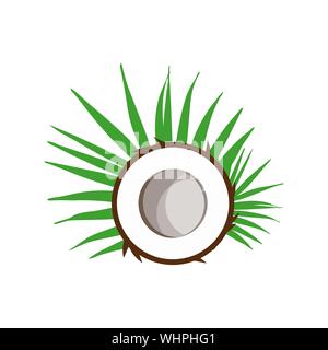 Coconuts with green leaves isolated on white background. Flat design style. Vector illustration. Stock Vector