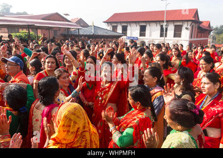 Kathmandu, Nepal. 02nd Sep, 2019. Women dance and sing as they take part during the festival.Hindu women especially celebrate Teej Festival by dancing and praying. Women fast and pray for marriage and family. Single women pray for better future marriage, while married women pray for marital bliss. Credit: SOPA Images Limited/Alamy Live News Stock Photo