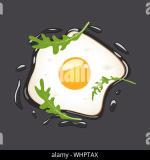 Fried eggs with arugula, isolated on grey background. Vector illustration. Stock Vector
