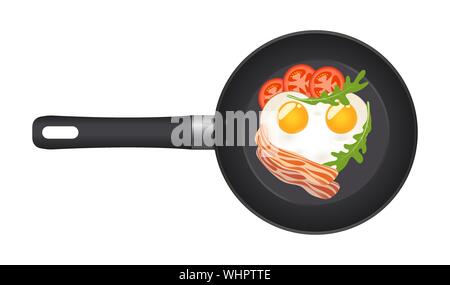Pan with fried egg in the shape of a heart, with bacon, tomatoes and arugula. Top view. Creative design for breakfast menu, cafe, restaurant. Vector Stock Vector