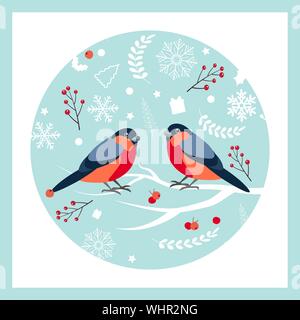 Bullfinch sitting on snow-covered branch of mountain ash. Christmas and New Year design greeting cards. Stock Vector