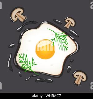 Fried eggs with dill and mushrooms, isolated on grey background. Vector illustration. Stock Vector