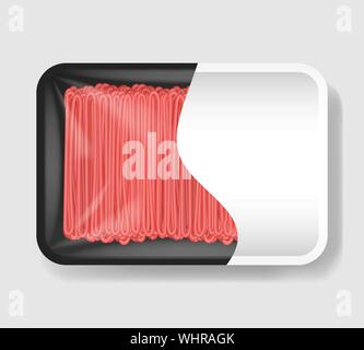 Minced meat in plastic tray container with cellophane cover. Mockup template for your design. Plastic food container with clear white label template Stock Vector