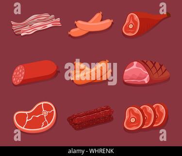 Meat icon set. Various meat products, sausages, bacon and steak. Vector Illustration. Stock Vector