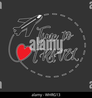 Red heart with dotted line and airplane. Time to travel. Love Travel Concept Design. Vector illustration. Stock Vector