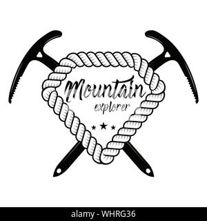Climbing and alpine club badge. Concept for logo, print or stamp. Crossed ice axes for climbing and mountaineering. Mountain equipment. Outdoors Stock Vector