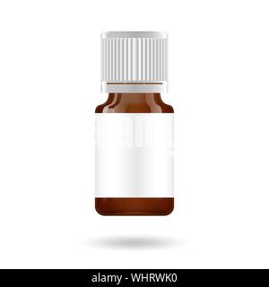 Realistic essential oil brown bottle. Mock up bottle. Cosmetic vial, flask, flacon. Medical bank. Cosmetic dropper-bottle with design label. Vector Stock Vector