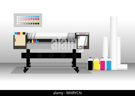 Printer with media rolls in gray room. Electronic device for making sign or banner in commercial advertising business. editable with layers vector Stock Vector
