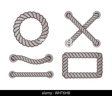 Rope for decoration and covering, nautical twisted rope knots. Round and square rope frames, cord borders. Decoration elements. Vector illustration. Stock Vector