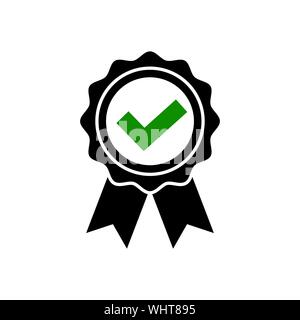 Approved icon in flat style Award rosette symbol with check isolated on white background Simple certified medal signs Abstract icon in black Vector il Stock Vector