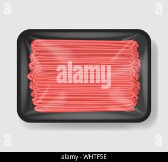 Minced meat in plastic tray container with cellophane cover. Mockup template for your design. Plastic food container. Vector illustration. Stock Vector