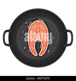 Pan with salmon steak. Top view. Creative design for breakfast menu, cafe, restaurant. Vector illustration. Stock Vector