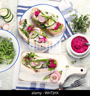 Smorrebrod, traditional Danish open face sanwiches on grey background. top view Stock Photo