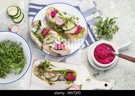 Smorrebrod, traditional Danish open face sanwiches on grey background. top view Stock Photo