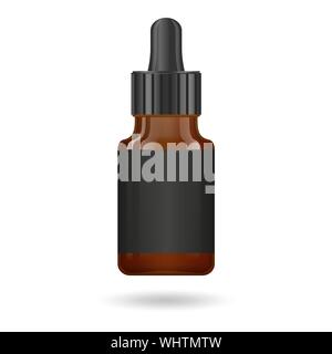 Realistic essential oil brown bottle. Mock up bottle. Cosmetic vial, flask, flacon. Medical bank. Cosmetic dropper-bottle with design label. Vector Stock Vector