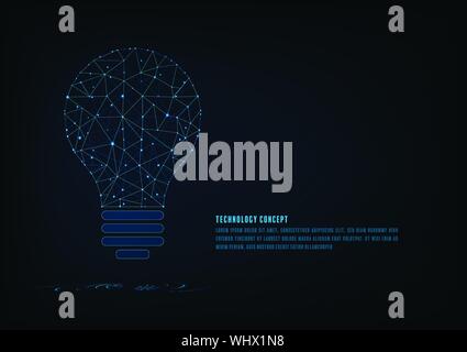 Technology concept. Light bulb polygonal  shape of an artificial intelligence with lines and glowing dots and shadow over the dark blue background. Stock Vector
