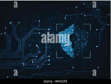 Internet technology cyber security concept of protect computer virus attack  with  shield  Keyhole icon on Blue abstract background. Stock Vector