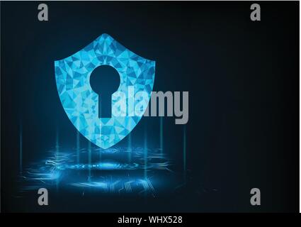 Internet technology cyber security concept of protect computer virus attack  with  shield  Keyhole icon on Blue abstract background. Stock Vector