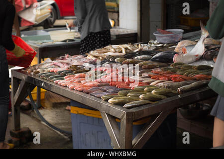 A large selection of fresh and salt water fish displayed on a ice table at a vietnamese asian market outside. Stock Photo
