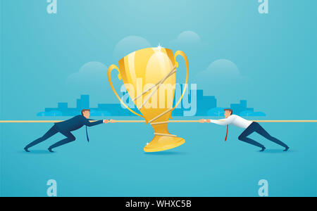 businessmen pull the rope with trophy icon business concept. tug of war background Stock Photo