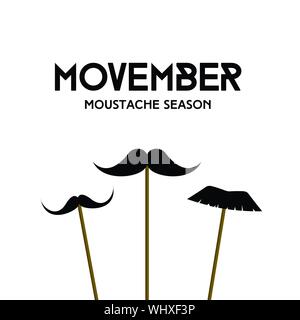 Movember. Mustache season. Vector minimal greeting card with mustache masks on sticks Stock Vector