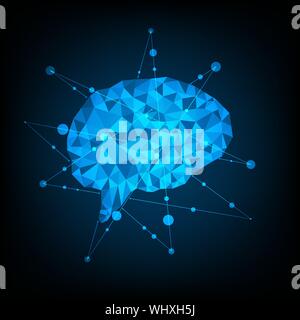 Technology concept. Polygonal brain shape of an artificial intelligence with lines and glowing dots. Stock Vector