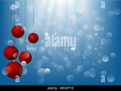 Christmas background with red bauble,snow and snowflakes- Lights Bokeh Defocused Decoration  Blue Stock Vector
