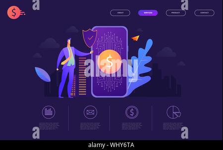 Bitcoin transfer wallet Hand holds smart phone with send bitcoins. Vector flat illustration cryptocurrency technology. Stock Vector