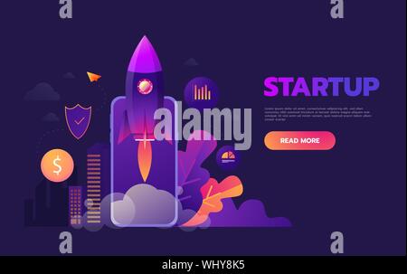 Start up business concept for mobile app development or other disruptive digital business ideas. Cartoon rocket launching from smart phone tablet Stock Vector
