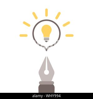 Fountain pen with speech bubble and light bulb icon. Concept of creativity, art, design, idea. Vector illustration, flat design Stock Vector